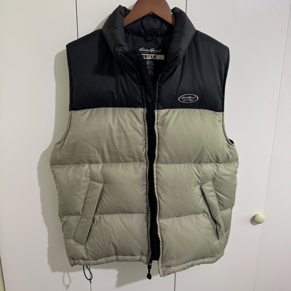 Eddie Bauer EBTEK Mens Goose Down Puffer Vest Two Tone Black Tan Vintage Style